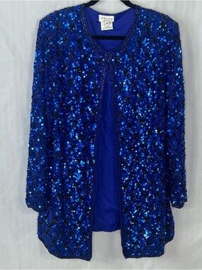 Vintage Stenay Women’s Silk Jacket Royal Blue Beaded Sequin Formal Eye Hook 1X 👍